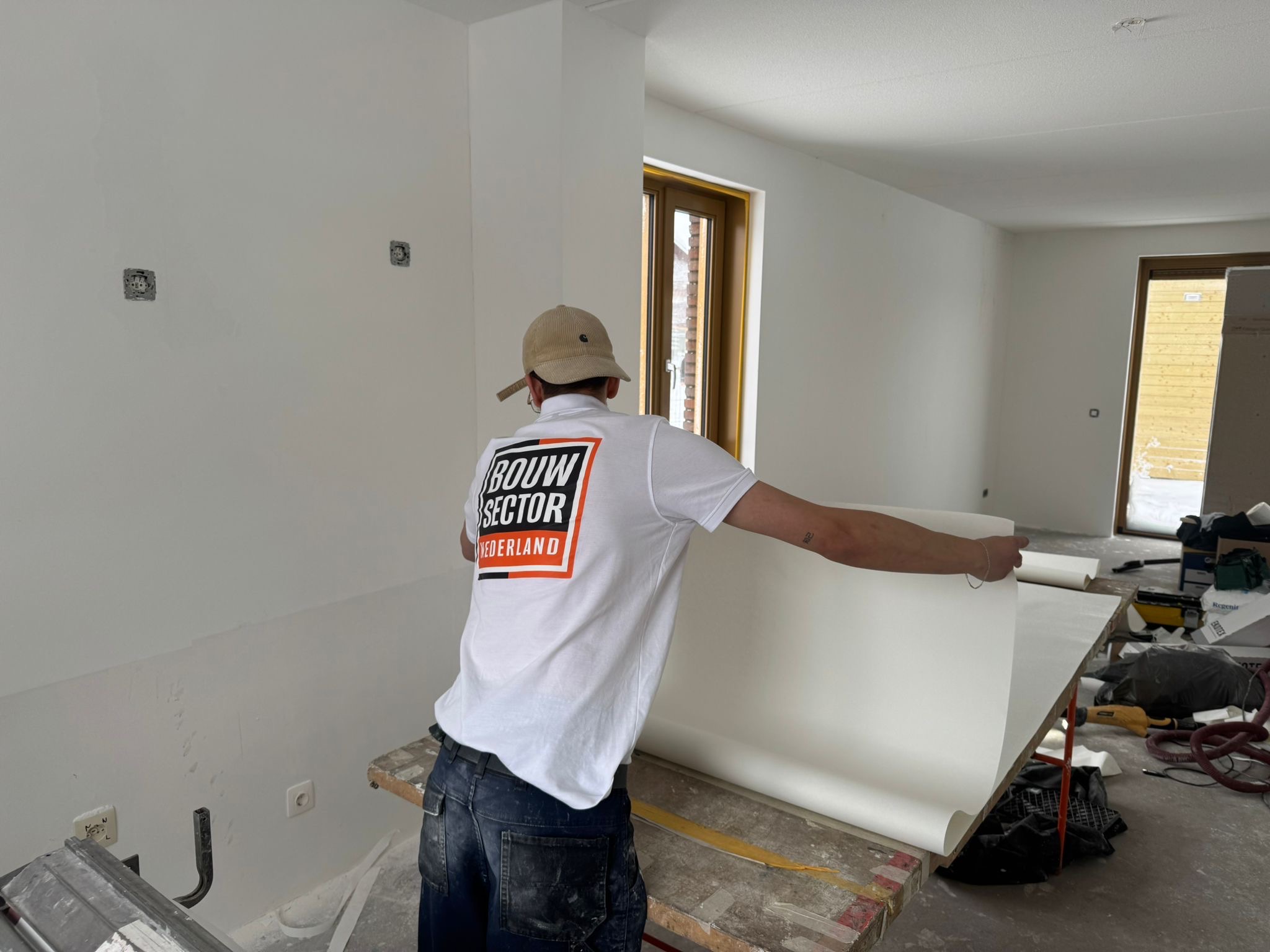 De behanger van Bouwsector Nederland aan het werk met zijn behangtafel.